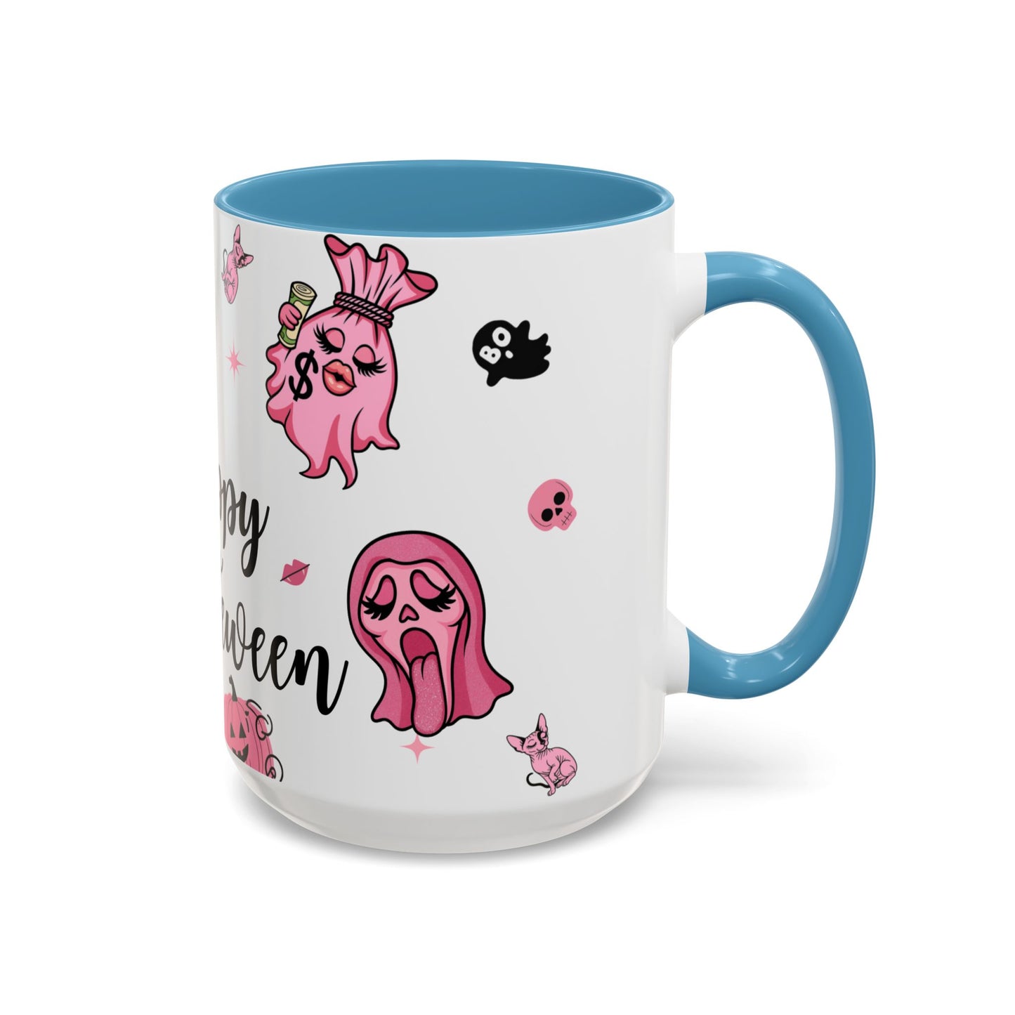 Halloween-Themed Accent Coffee Mug, Happy Hustle Mug, Ghost Mug, Pink Spooky Cup, Unique Gift for Halloween Lovers