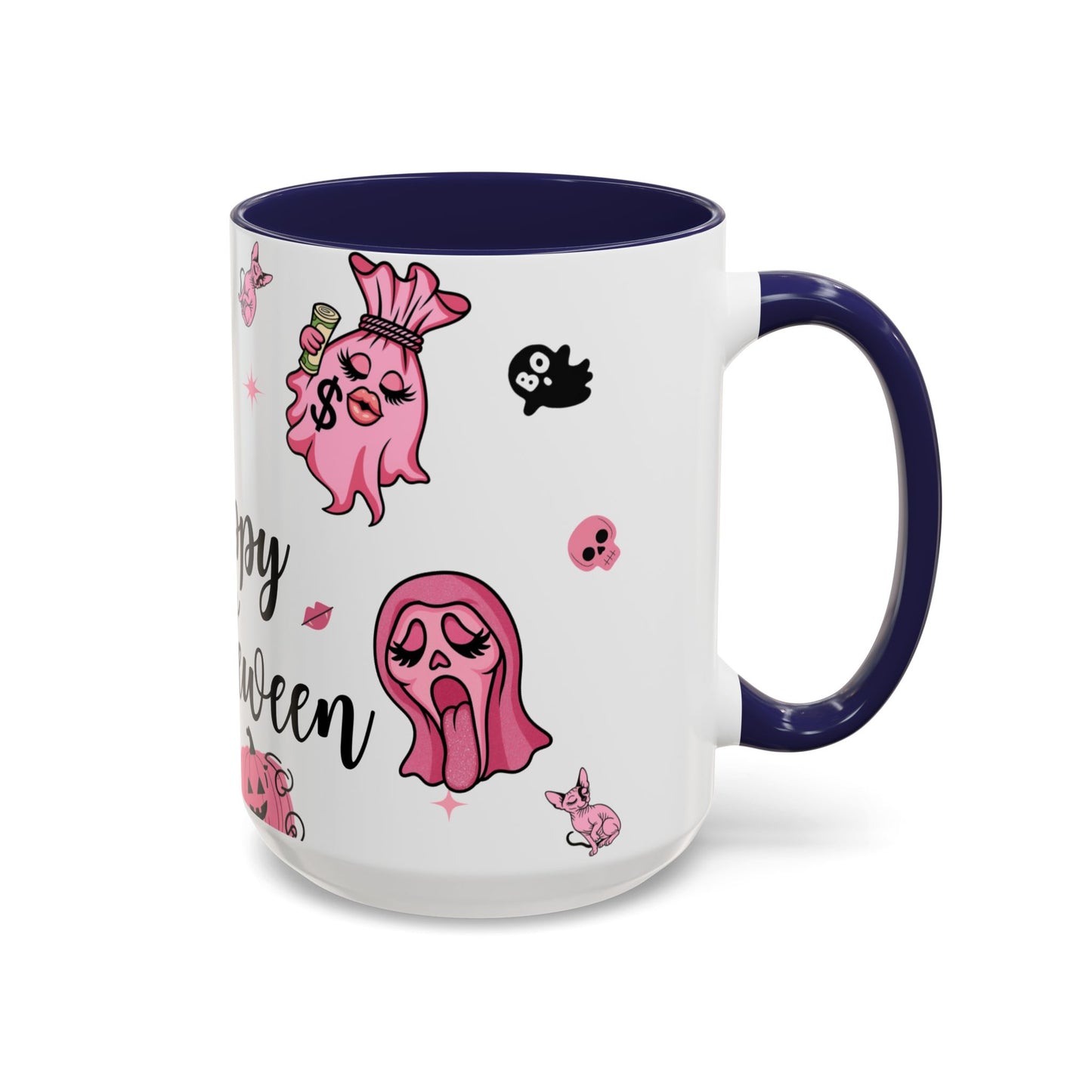 Halloween-Themed Accent Coffee Mug, Happy Hustle Mug, Ghost Mug, Pink Spooky Cup, Unique Gift for Halloween Lovers