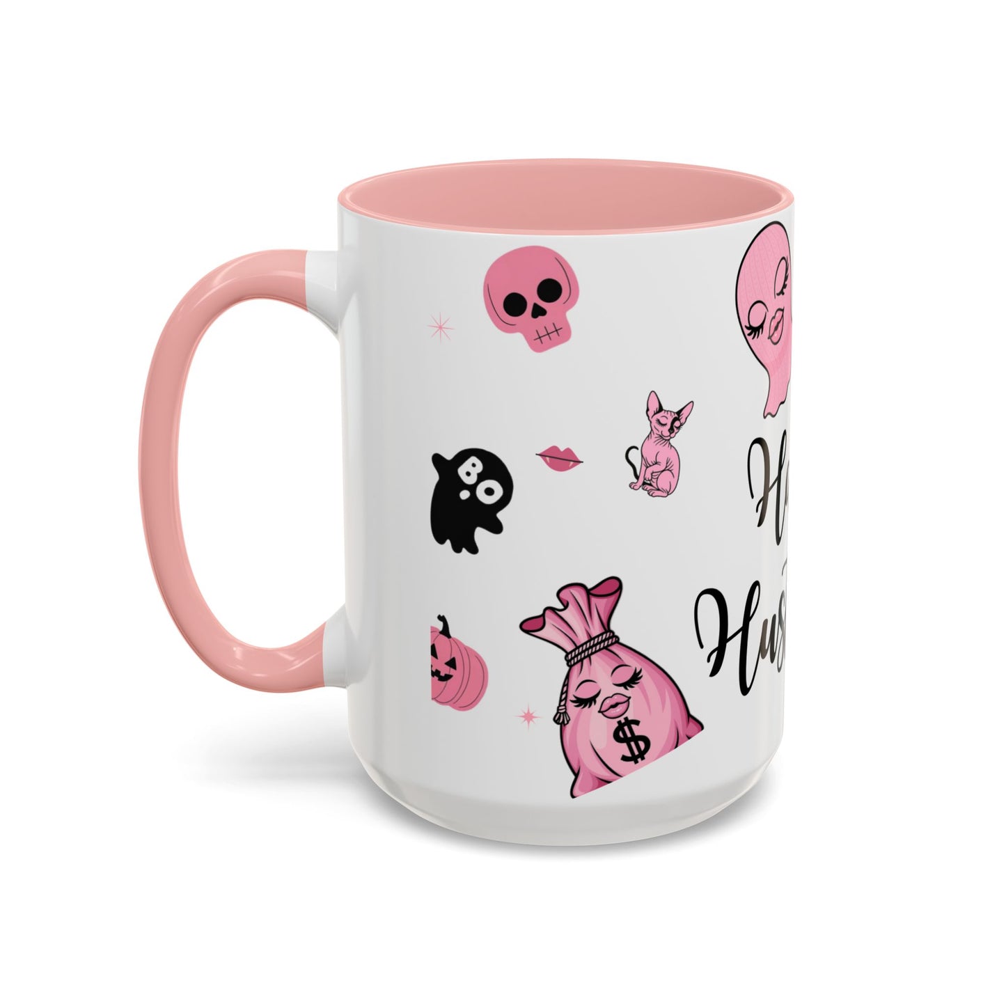 Halloween-Themed Accent Coffee Mug, Happy Hustle Mug, Ghost Mug, Pink Spooky Cup, Unique Gift for Halloween Lovers