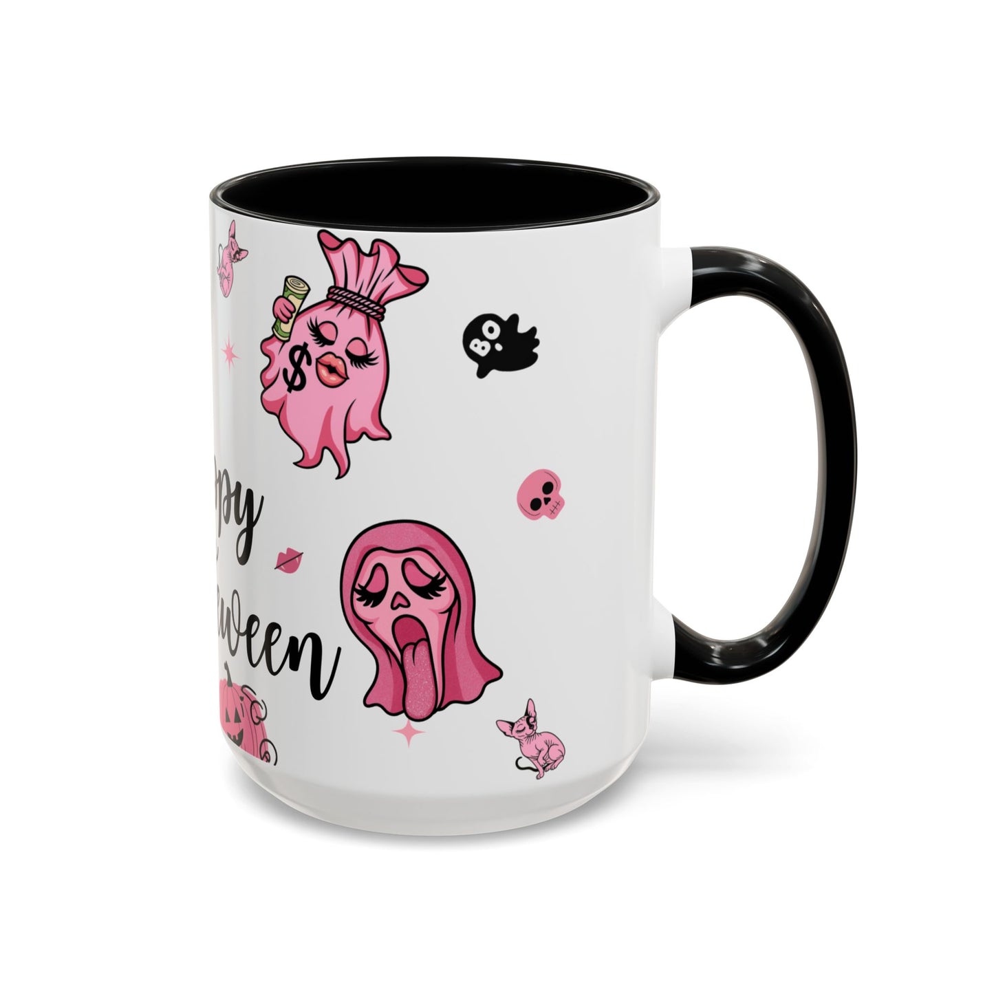 Halloween-Themed Accent Coffee Mug, Happy Hustle Mug, Ghost Mug, Pink Spooky Cup, Unique Gift for Halloween Lovers