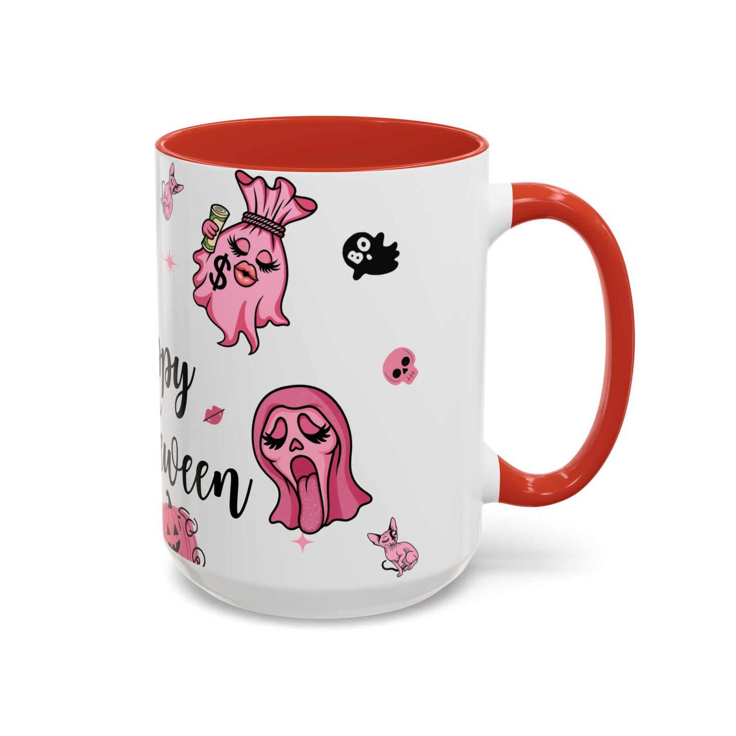 Halloween-Themed Accent Coffee Mug, Happy Hustle Mug, Ghost Mug, Pink Spooky Cup, Unique Gift for Halloween Lovers
