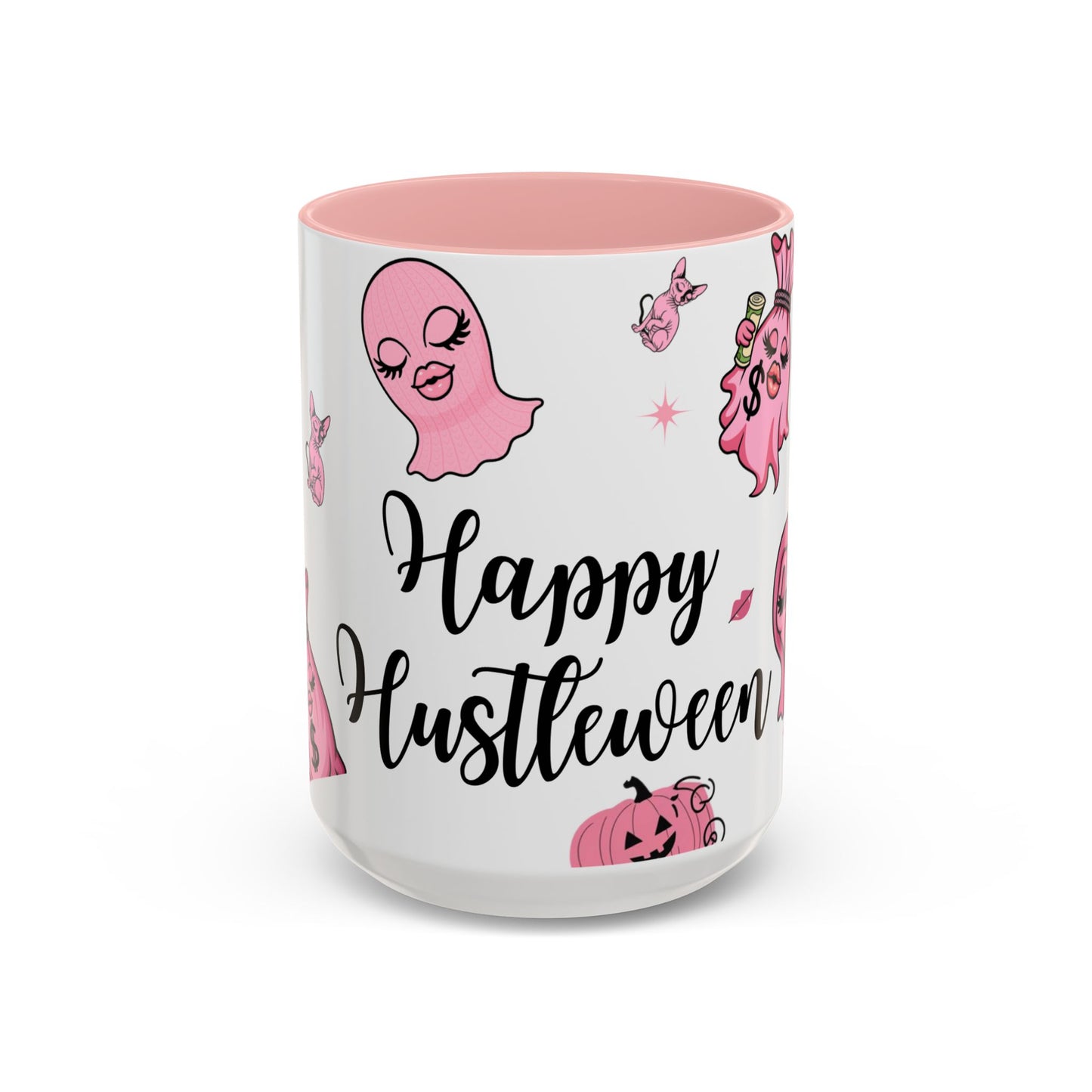 Halloween-Themed Accent Coffee Mug, Happy Hustle Mug, Ghost Mug, Pink Spooky Cup, Unique Gift for Halloween Lovers