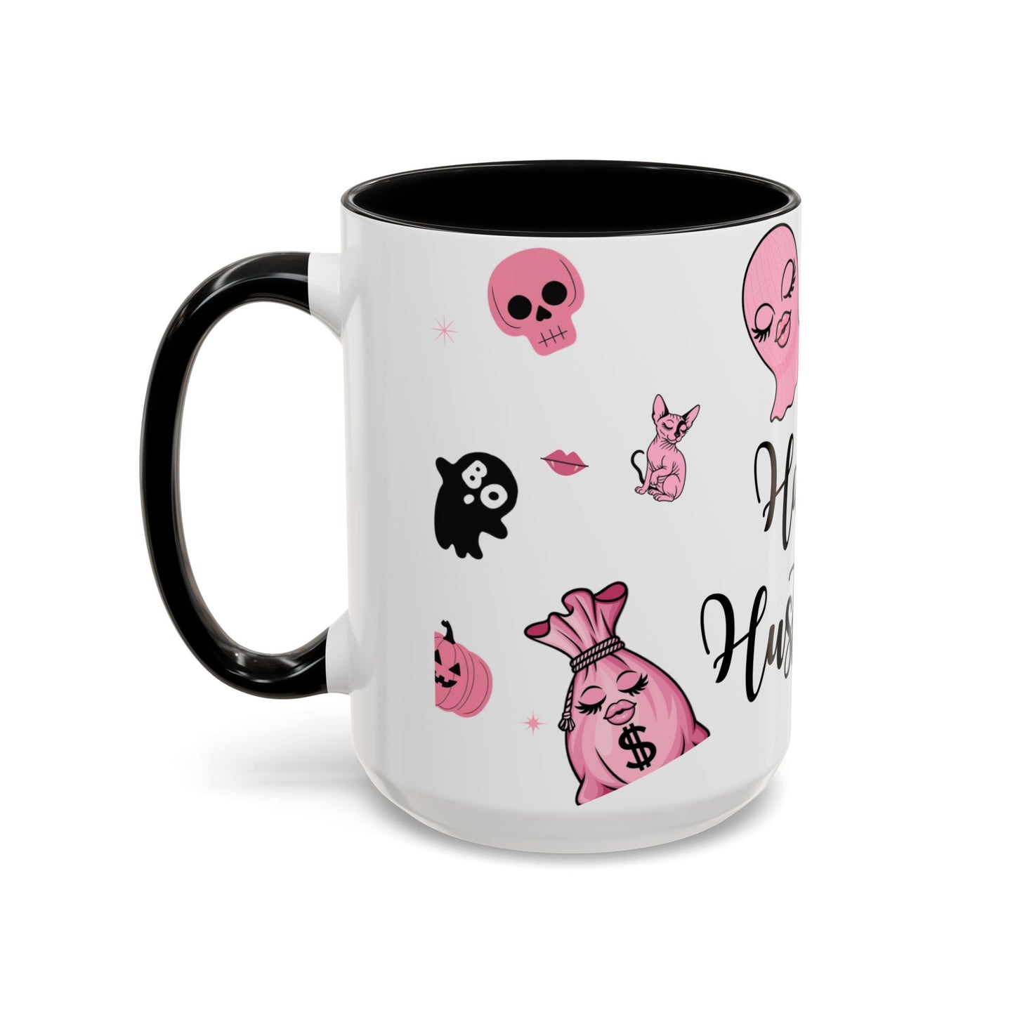 Halloween-Themed Accent Coffee Mug, Happy Hustle Mug, Ghost Mug, Pink Spooky Cup, Unique Gift for Halloween Lovers