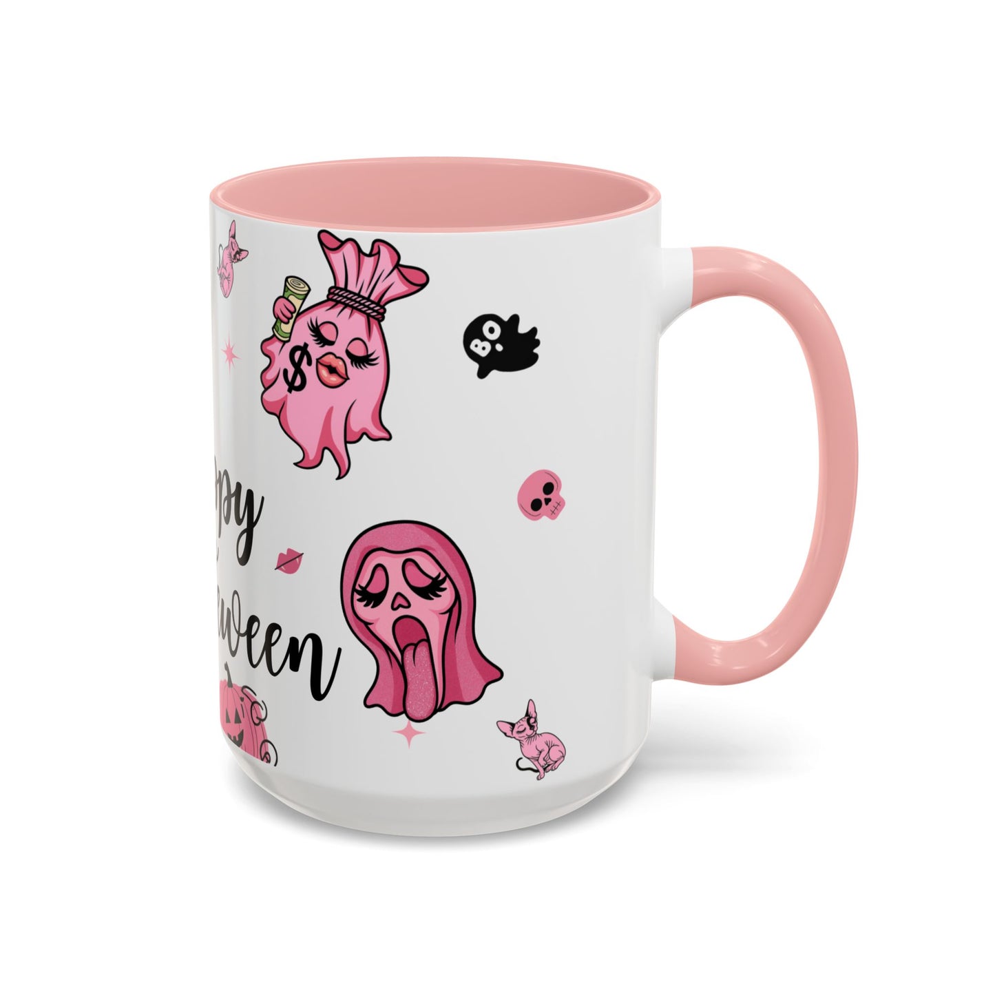 Halloween-Themed Accent Coffee Mug, Happy Hustle Mug, Ghost Mug, Pink Spooky Cup, Unique Gift for Halloween Lovers