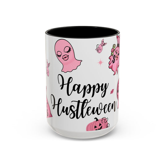 Halloween-Themed Accent Coffee Mug, Happy Hustle Mug, Ghost Mug, Pink Spooky Cup, Unique Gift for Halloween Lovers